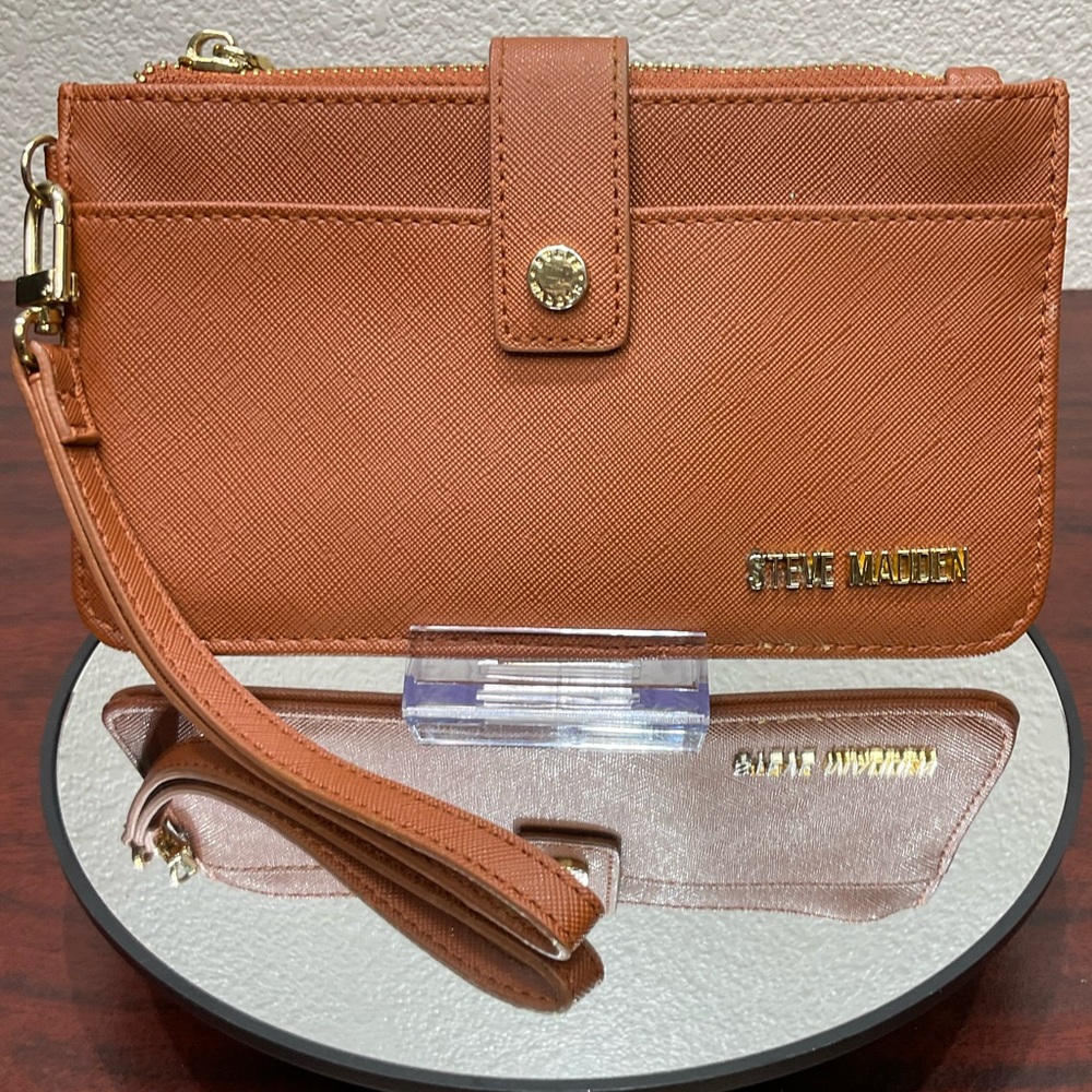 Steve Madden Tan Saffiano Wristlet Wallet with Gold Hardware
